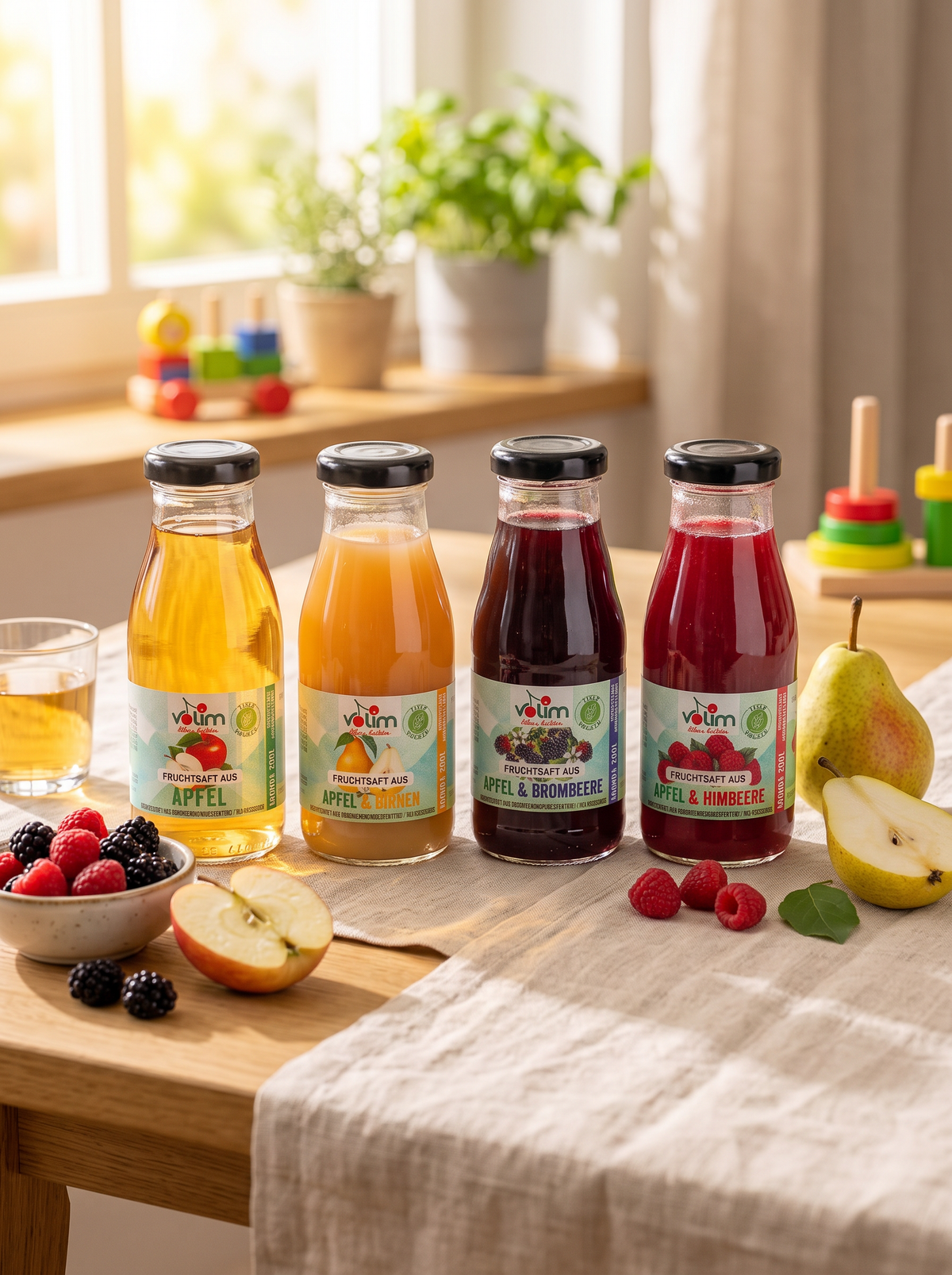 Kinder-Saftpaket: vier kleine 200-ml-Glasflaschen volim Direktsaft – Apfel, Birne & Apfel, Himbeere & Apfel, Brombeere & Apfel – auf einem Küchentisch im Morgenlicht mit frischem Obst
